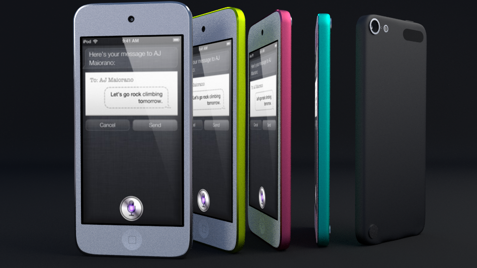 A render of five 2011 iPod touches, with a slightly different rotation about the vertical axis for each.